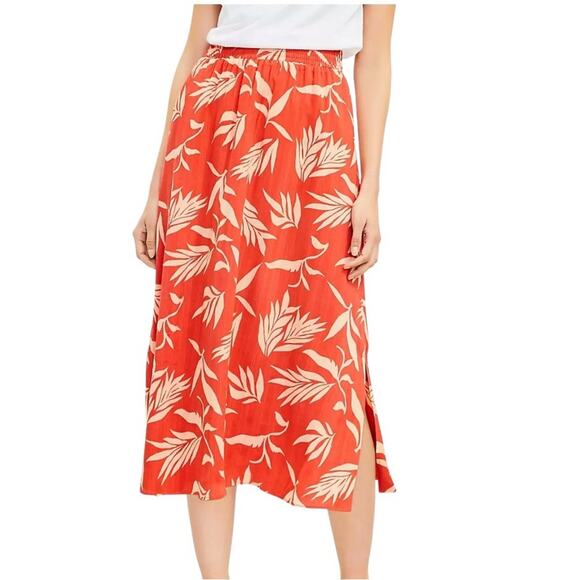 Loft Floral Smocked Midi Skirt Womens Size SP Soft Orange Lined Flowy Breezy - Picture 1 of 9